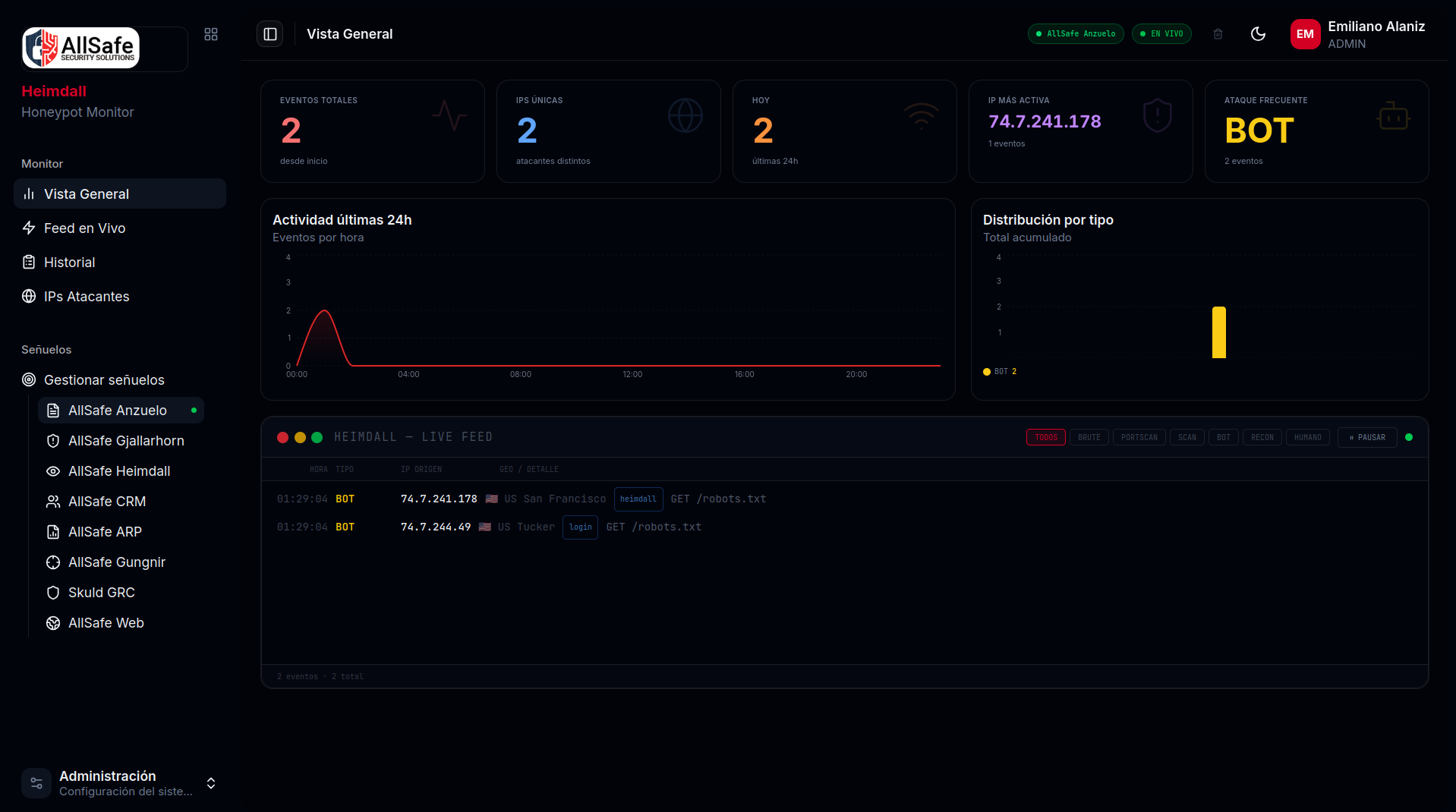 Heimdall Dashboard - Eventos en tiempo real y análisis de amenazas