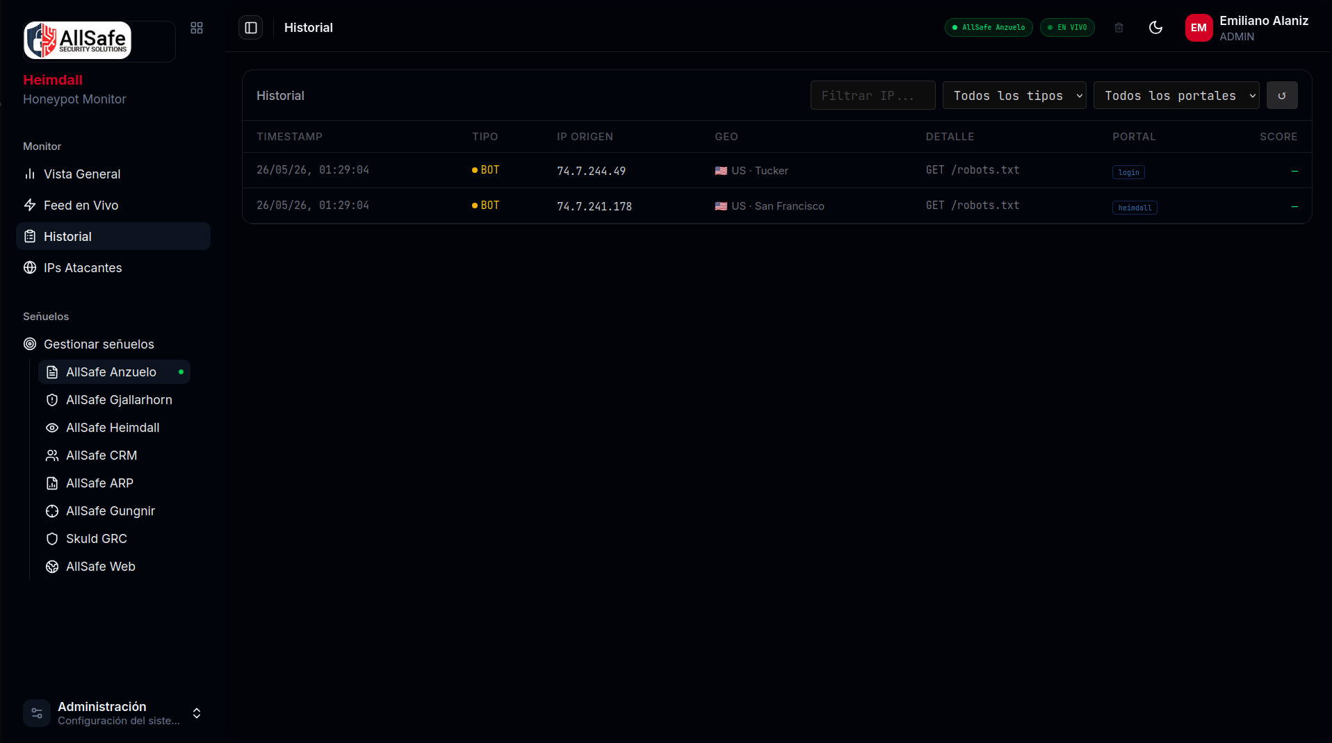 Heimdall - Tabla de eventos clasificados con payload y timestamp