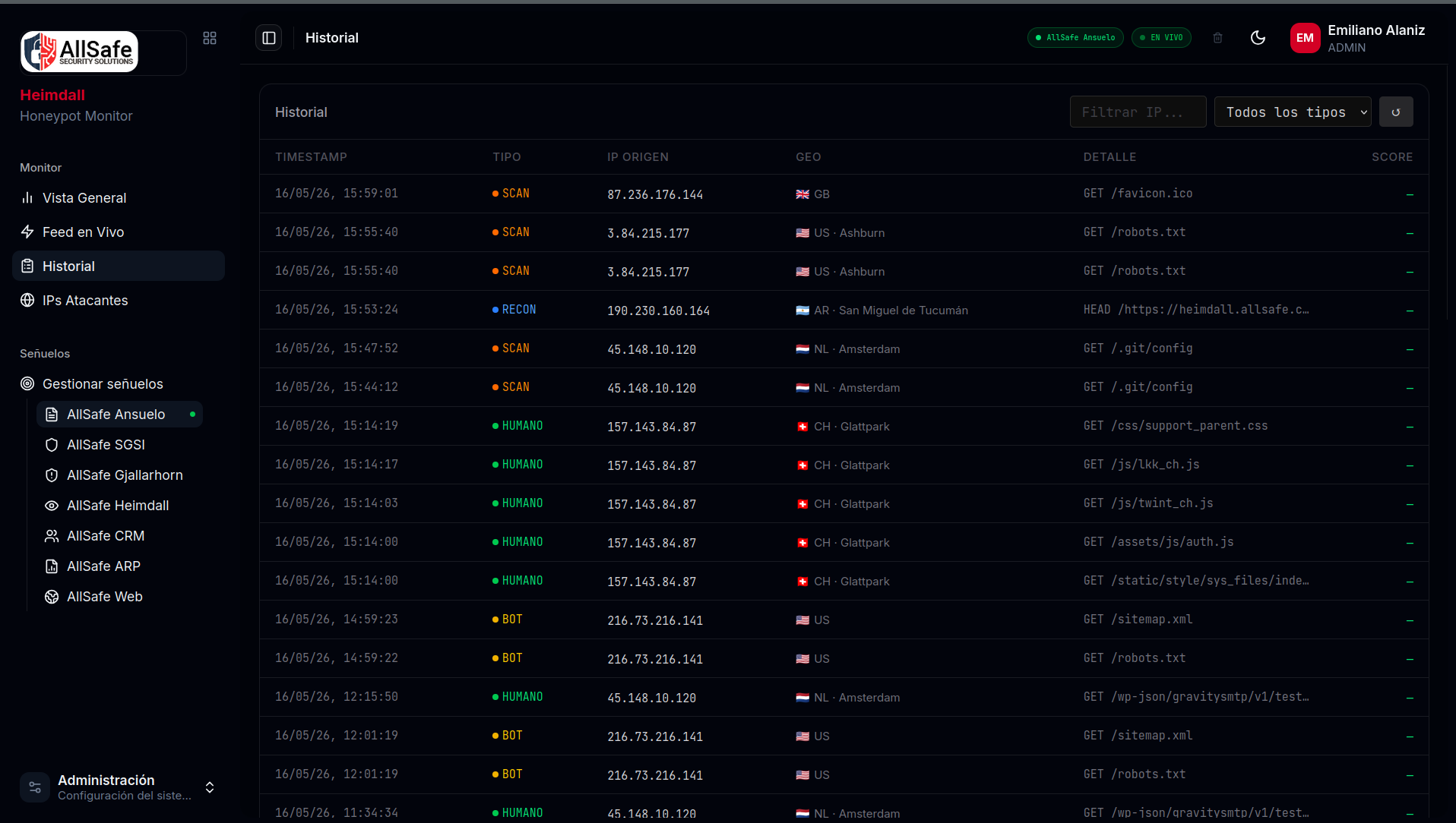 Heimdall - Tabla de eventos clasificados con payload y timestamp